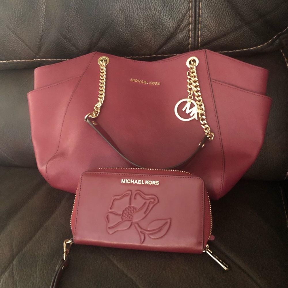 Burgundy MIchael Kors Purse, matching wallet